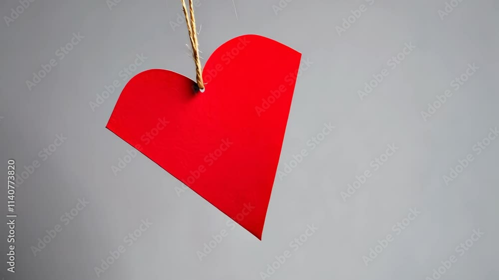 Poster Red heart shaped tag hanging against a grey background with subtle dotted patterns