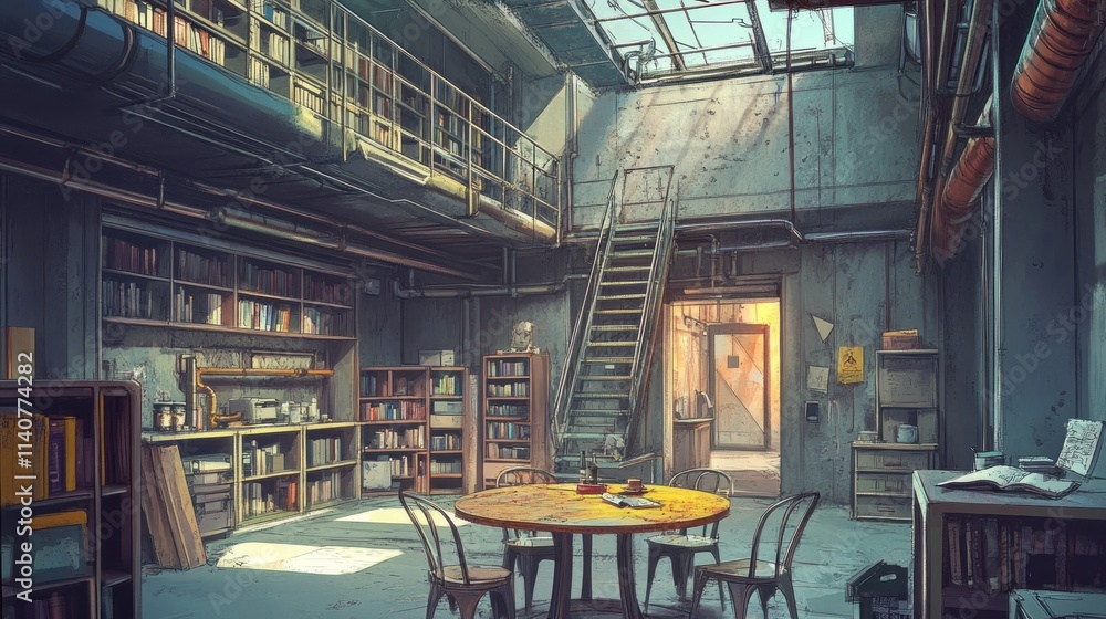 Poster a rustic library space with books, a table, and a staircase, illuminated by natural light.