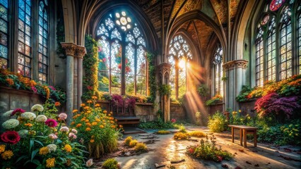 Fototapeta premium Urban Jesus Flower Photography: Abandoned Church, Spiritual Graffiti, Floral Still Life