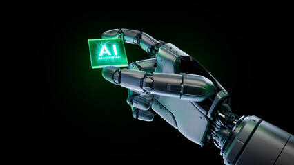 Metal Hand of Humanoid Robot is Holding at its Fingertips Innovative and Advanced AI Accelerated Microchip. Humanoid Robot Hand with Green Futuristic Chip. Artificial Intelligence Concept