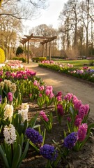 Obraz premium Colorful spring flowers in a serene garden landscape during sunset