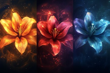 Luxurious bouquet of red and white flowers, a set of three images on a dark background. 3d rendering.