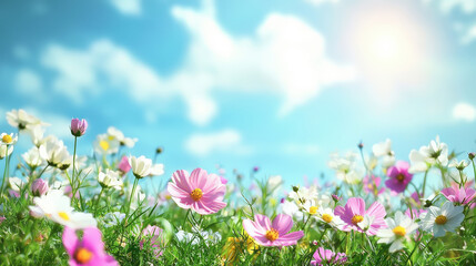 Fototapeta premium Vibrant Field of Colorful Flowers Under Bright Blue Sky with Fluffy Clouds and Soft Sunlight Creating a Serene Nature Scene for Spring or Summer