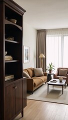 A cozy home studio setting featuring a couch armchairs a dining table and a cabinet near a sunlit window