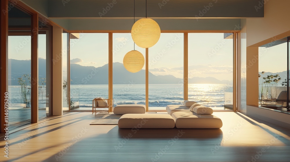 Poster a serene living space with large windows overlooking a tranquil ocean view.