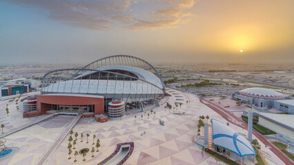 Aerial view of Aspire Zone stadium from at sunrise timelapse in Doha © HyperlapsePro