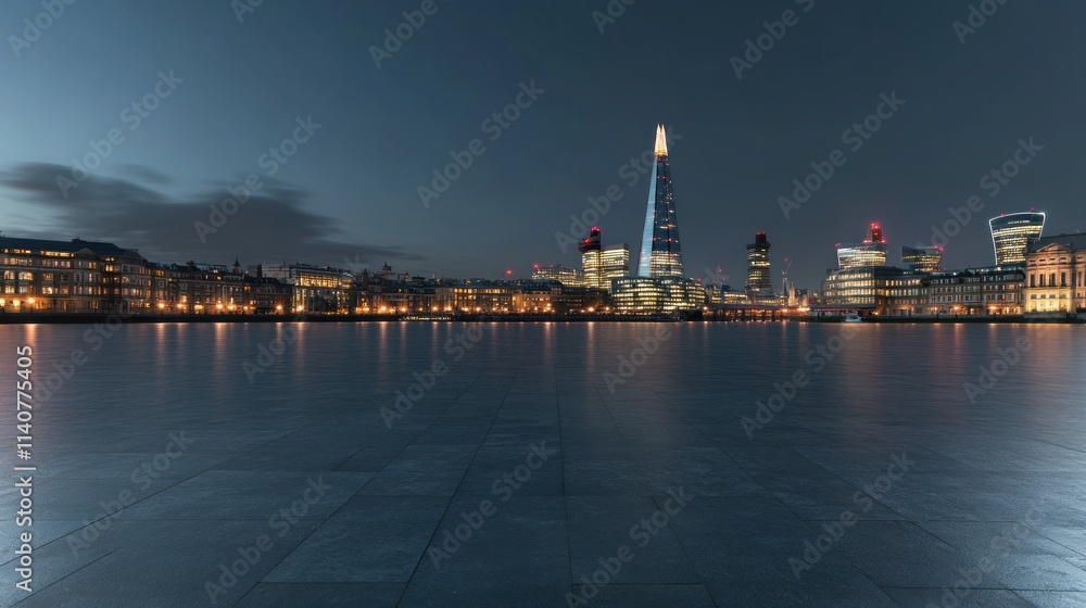 Poster Night view of a city skyline with illuminated buildings and reflections on a smooth surface.