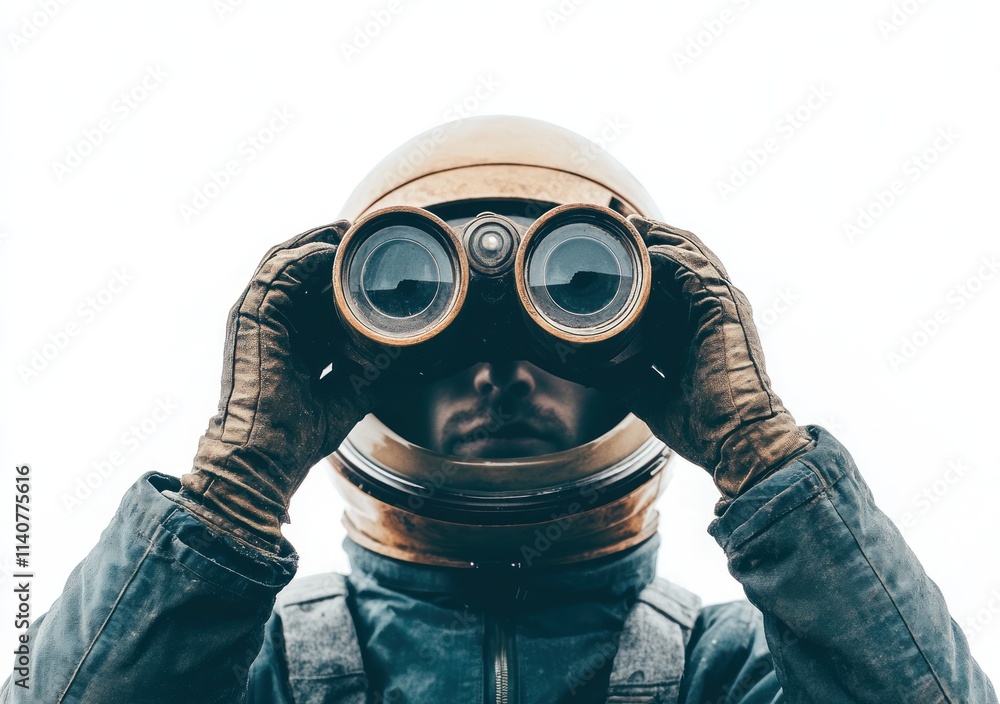 Poster a person in a space helmet uses binoculars to observe the surroundings.