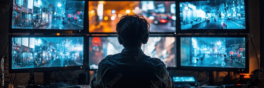 Poster a person monitors multiple screens displaying urban scenes at night.