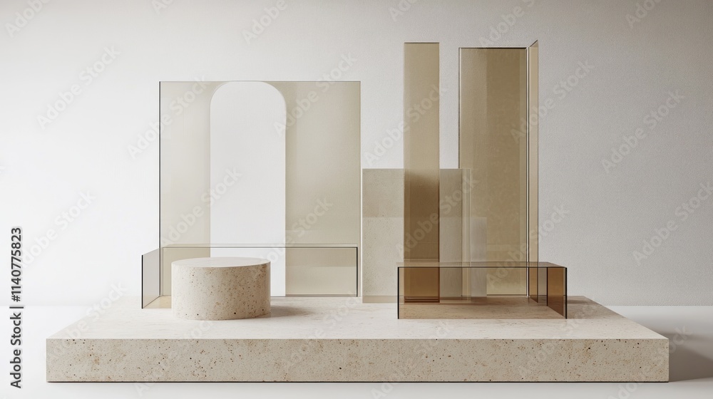 Poster Abstract arrangement of translucent shapes on a neutral base, emphasizing design and composition.