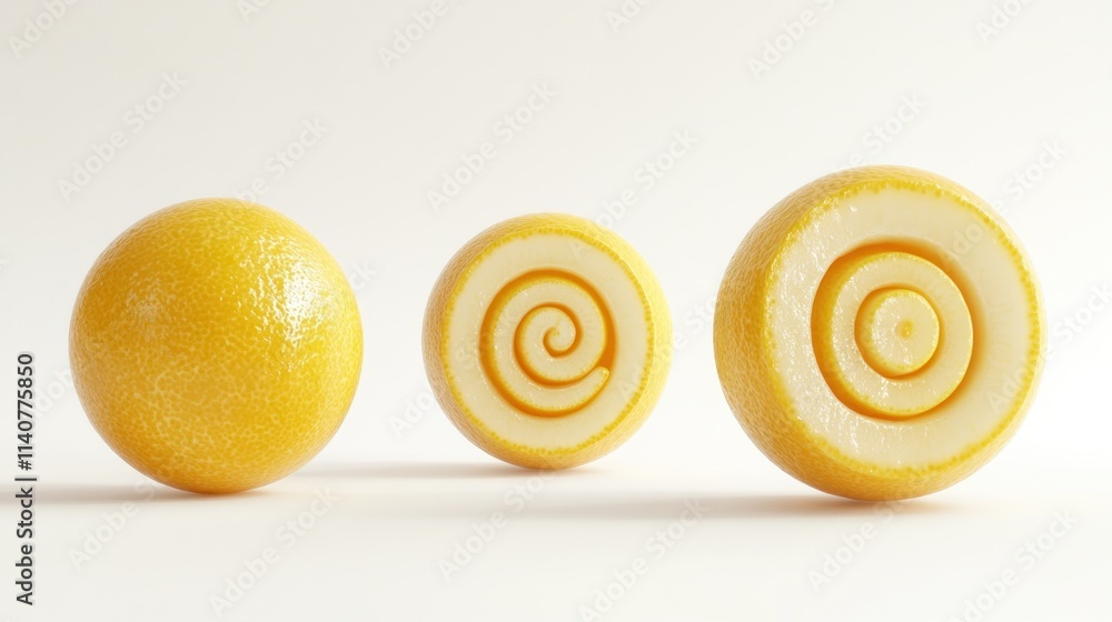 Aufkleber Three yellow spherical objects with spiral patterns, showcasing texture and design.
