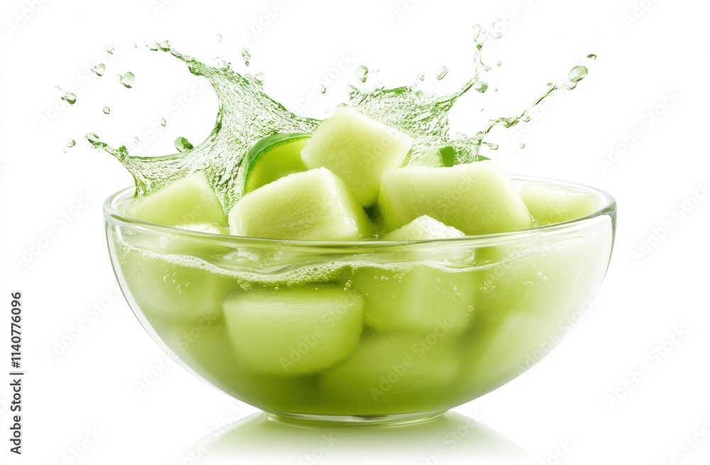 Poster a bowl of fresh melon cubes splashing in water, showcasing a refreshing and vibrant scene.