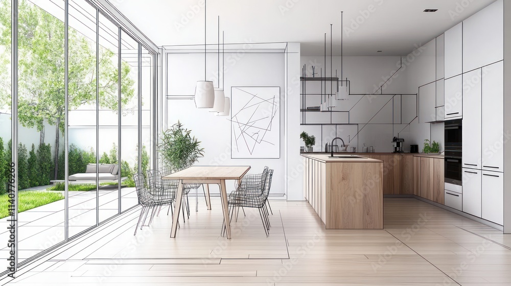 Poster modern kitchen and dining area with large windows and a view of a landscaped garden.