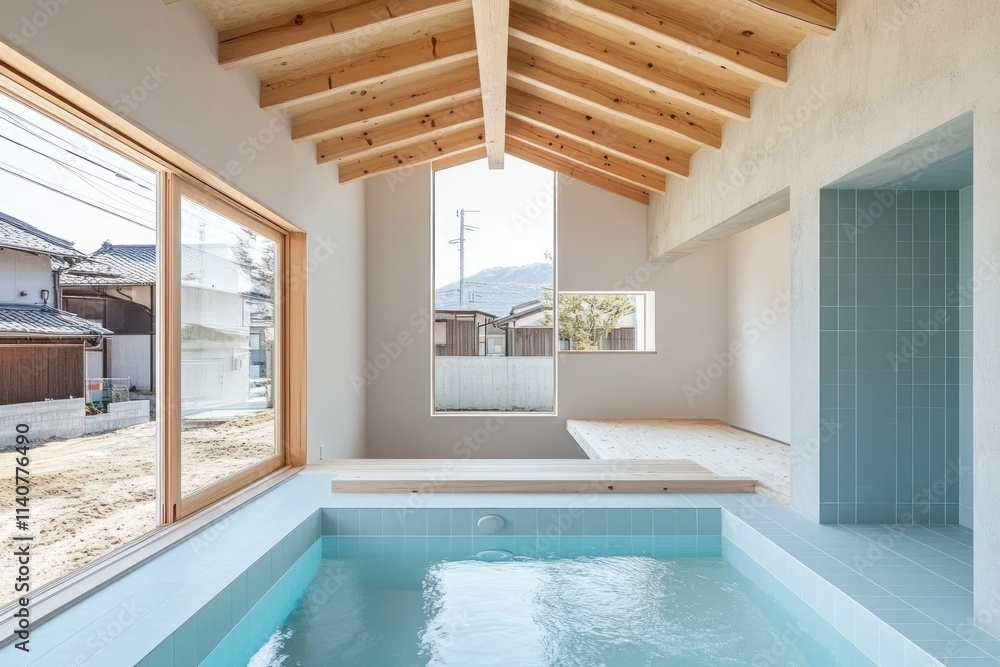Poster A serene indoor space featuring a small pool and large windows with natural light.