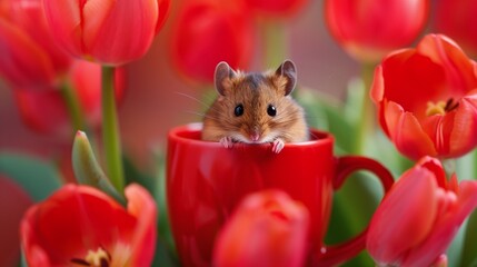 Harvest mouse in a red tulip cup