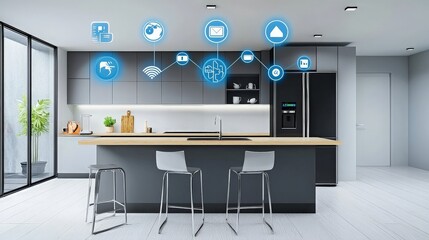 Modern smart kitchen with connected appliances and interface.