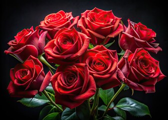 Obraz premium Velvet roses bloom in the night, a dark romantic bouquet against a black backdrop.