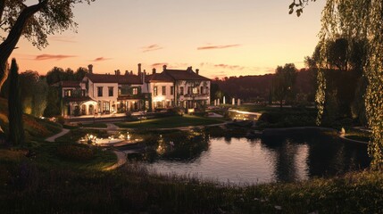 Naklejka premium Sunset view of a grand estate with a pond.
