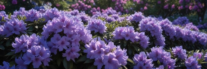 Heavy with flowers, a dense blue rhododendron shrub, flowers, rhododendron, dense