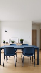 Fototapeta premium Minimalist Japanese-style living room with blue dining table and sleek seating