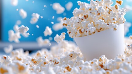 A close-up of a white popcorn bucket surrounded by flying popcorn against a vibrant blue background. The image highlights movement, fun, and a joyful snacking experience