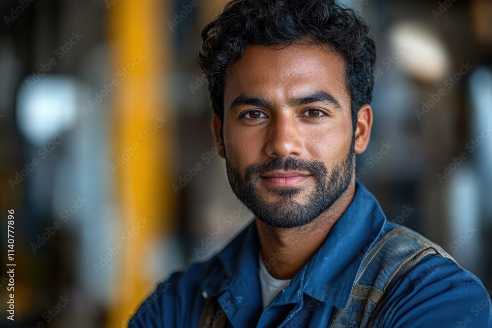 Poster professional indian engineer in work attire, standing in a clean, minimalist setting for versatile c