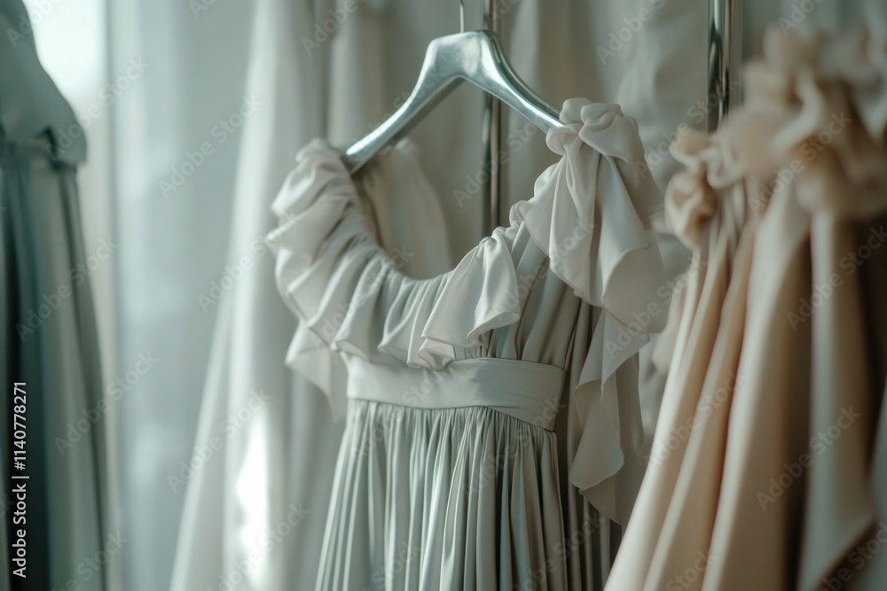 Poster a delicate dress with ruffled sleeves displayed on a hanger in a soft-lit environment.