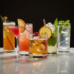 Fototapeta premium Seven cocktails served elegantly in glasses adorned with garnishes