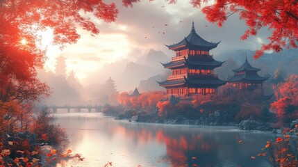Obraz premium Serene autumnal scene; red leaves, pagoda, river.