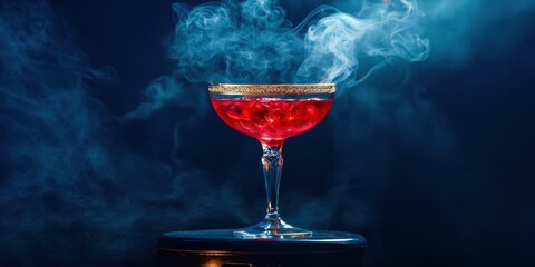 Glass of red liquid with a gold rim sits on a table