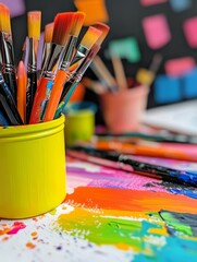 Art Supplies Creation Station - Colorful paintbrushes in a yellow container, vibrant paint strokes on canvas, symbolizing creativity, artistry, imagination, expression, and passion.