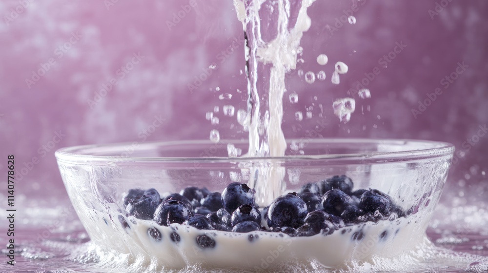 Poster A bowl of blueberries is splashed with milk, creating a dynamic and appetizing scene.