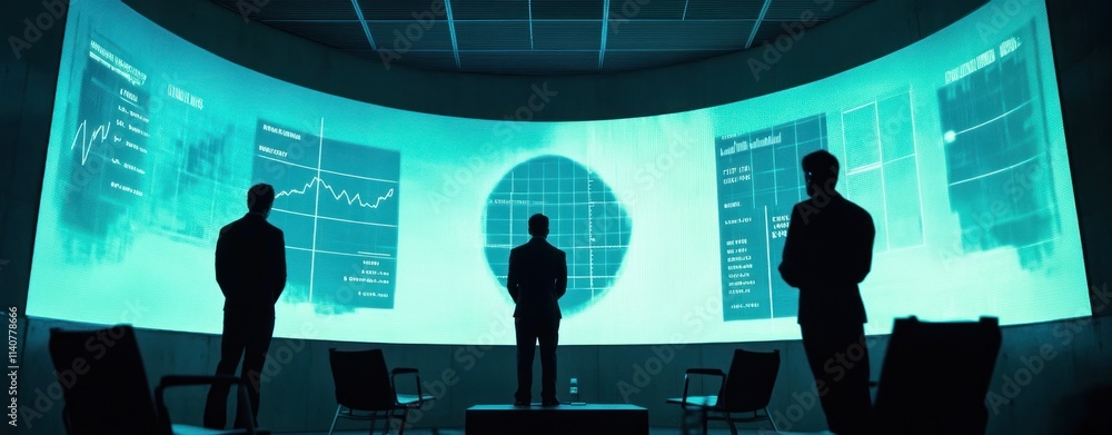 Poster A group of silhouettes in front of a large digital display showing data and analytics.