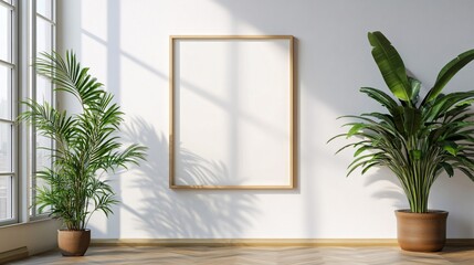 A serene interior scene featuring empty picture frames flanked by lush green plants.