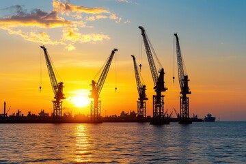 Obraz premium A serene sunset over the water, featuring towering cranes silhouetted against the colorful sky, symbolizing industry and maritime activity.