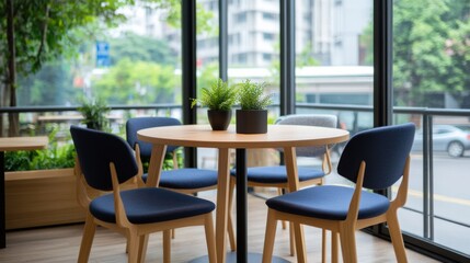 Fototapeta premium Modern Minimalist Indoor Dining Space with Elegant Furniture and Lush Green Plants in Bright Natural Light