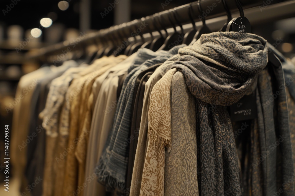 Poster a display of various scarves and clothing items hanging on a rack in a retail setting.