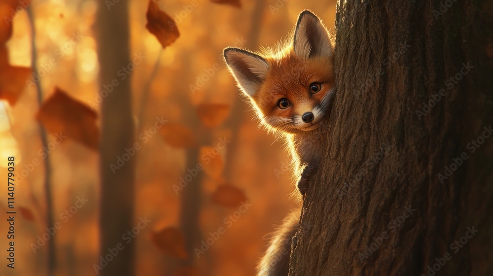 Poster a curious fox peeks from behind a tree in a warm, autumn forest setting.