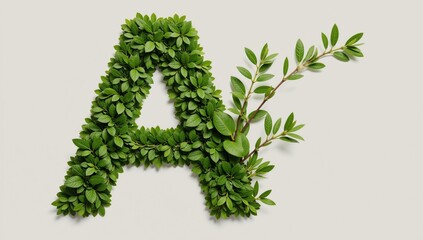 Isolated creative alphabet A crafted with green foliage for natural eco-conscious design themes
