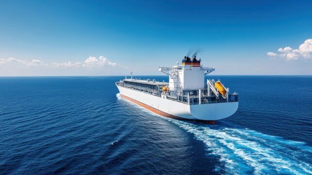 Cargo ship navigating through calm blue waters under clear sky with wispy clouds and gentle waves in the distance