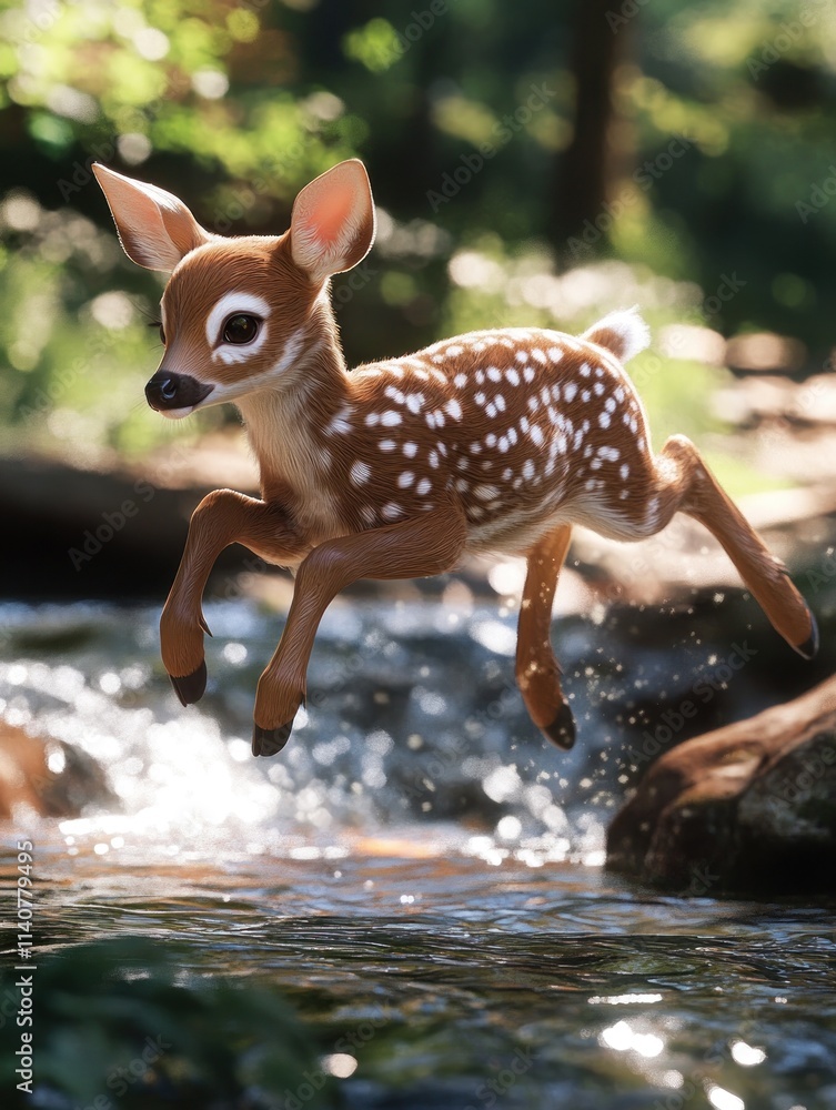 Poster a playful fawn leaps over a sparkling stream in a lush forest setting.