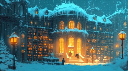 Obraz premium library in the heart of a snowy city, its grand facade covered in frost and its warm interior filled with readers