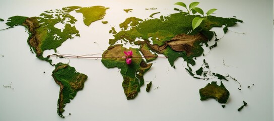 Collaborative sustainability depicted through a globe illustration featuring interconnected ecosystems of diverse flora