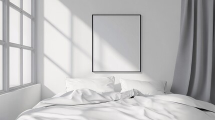 A minimalistic bedroom featuring a neatly made bed with white linens and a blank frame on the wall, softly lit by natural light.