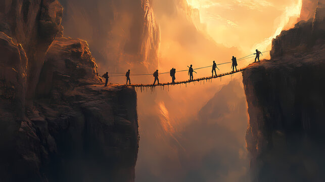 A group of people walk across a chasm on a narrow bridge. they are tethered together by a rope. the first person carries a pencil. the last person holds the other end of the rope. Chasm. Illustration