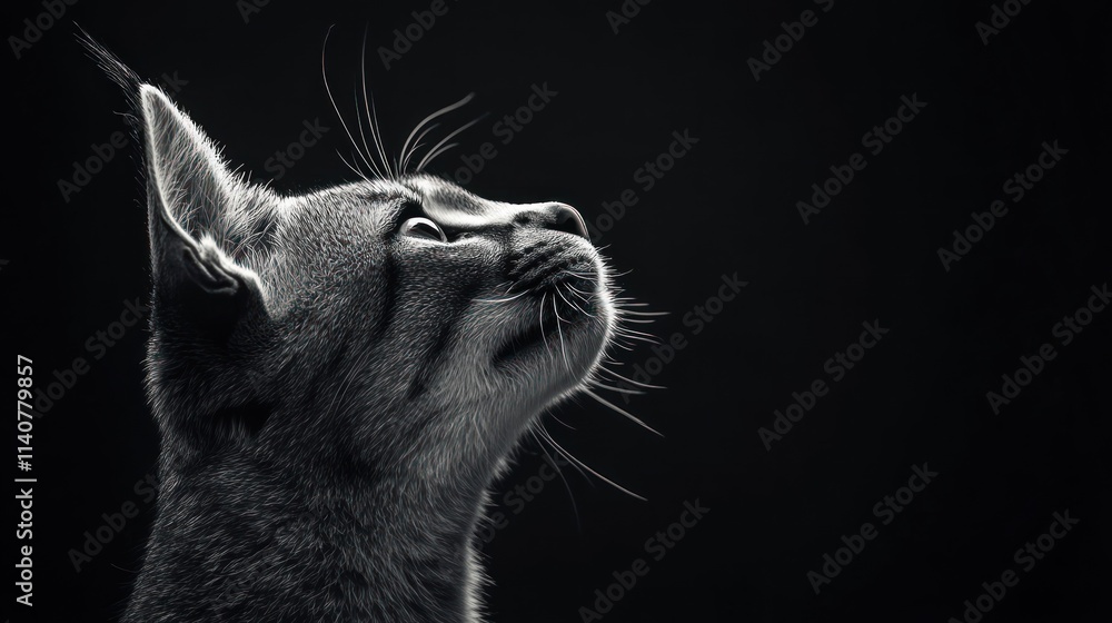 Poster a monochrome portrait of a cat gazing upwards with a serene expression.