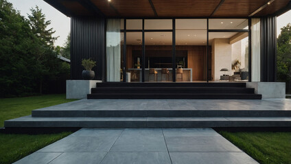 Obraz premium Modern house exterior showcasing a grey stone patio with steps leading to a large, dark-framed window revealing an interior space. Landscaped lawn visible on either side.