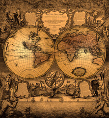 Antique Map of the World. Double Hemisphere. Art collage, wallpaper print design, collage technique