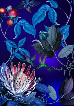 Fantasy background of a magical purple dark night flowers. Art collage, poster print