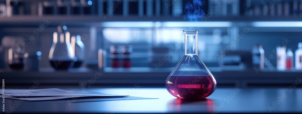 Leinwandbilder a laboratory scene featuring a glowing flask with a colorful liquid.
